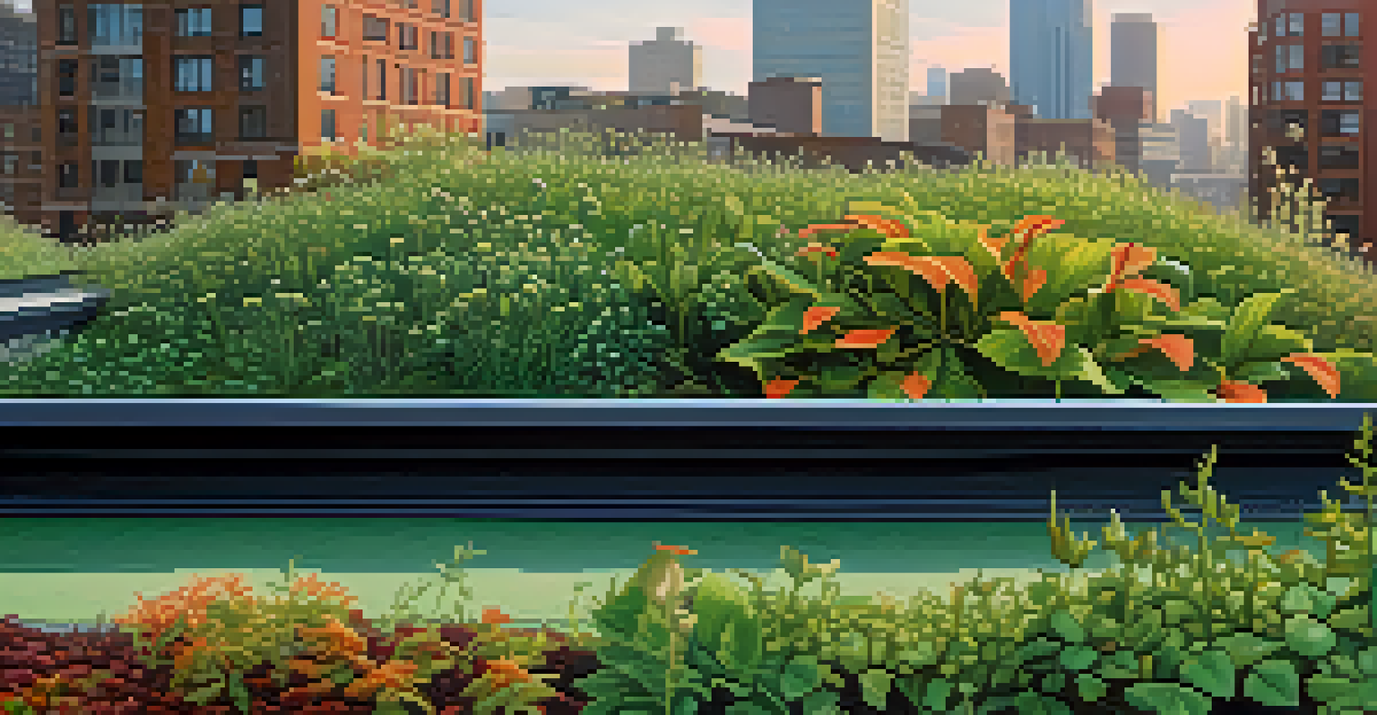 Close-up of a green roof featuring various native plants with dew drops on the leaves, with blurred buildings in the background.