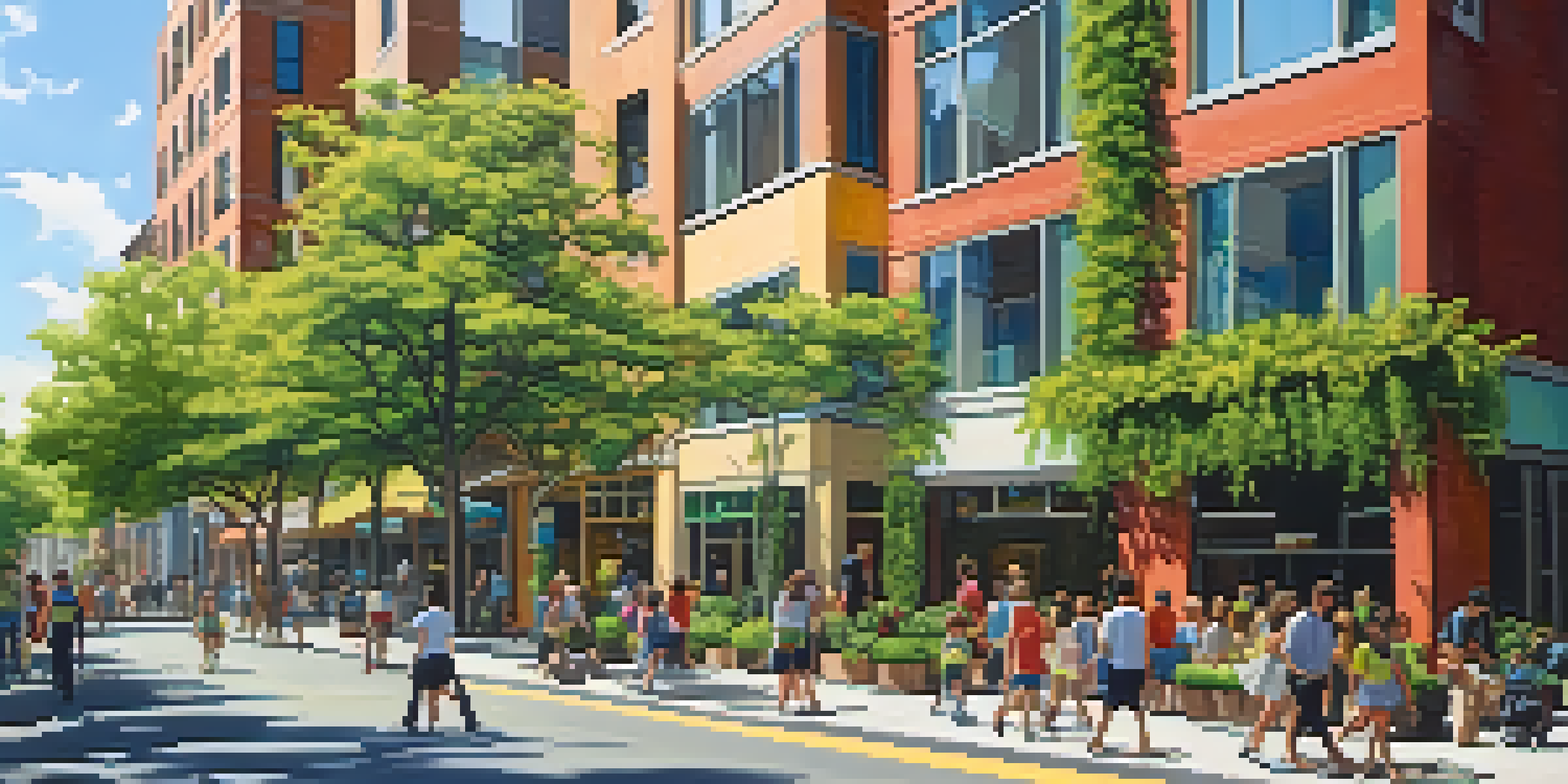 A lively urban street with modern apartments and greenery, filled with people and children playing.