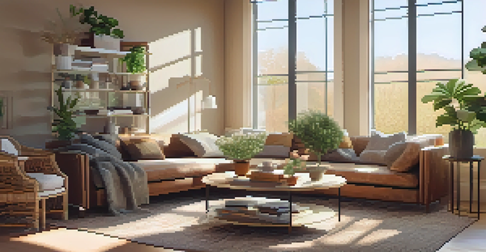 A warm and inviting living room with a modern sofa, coffee table, and sunlight streaming through windows.
