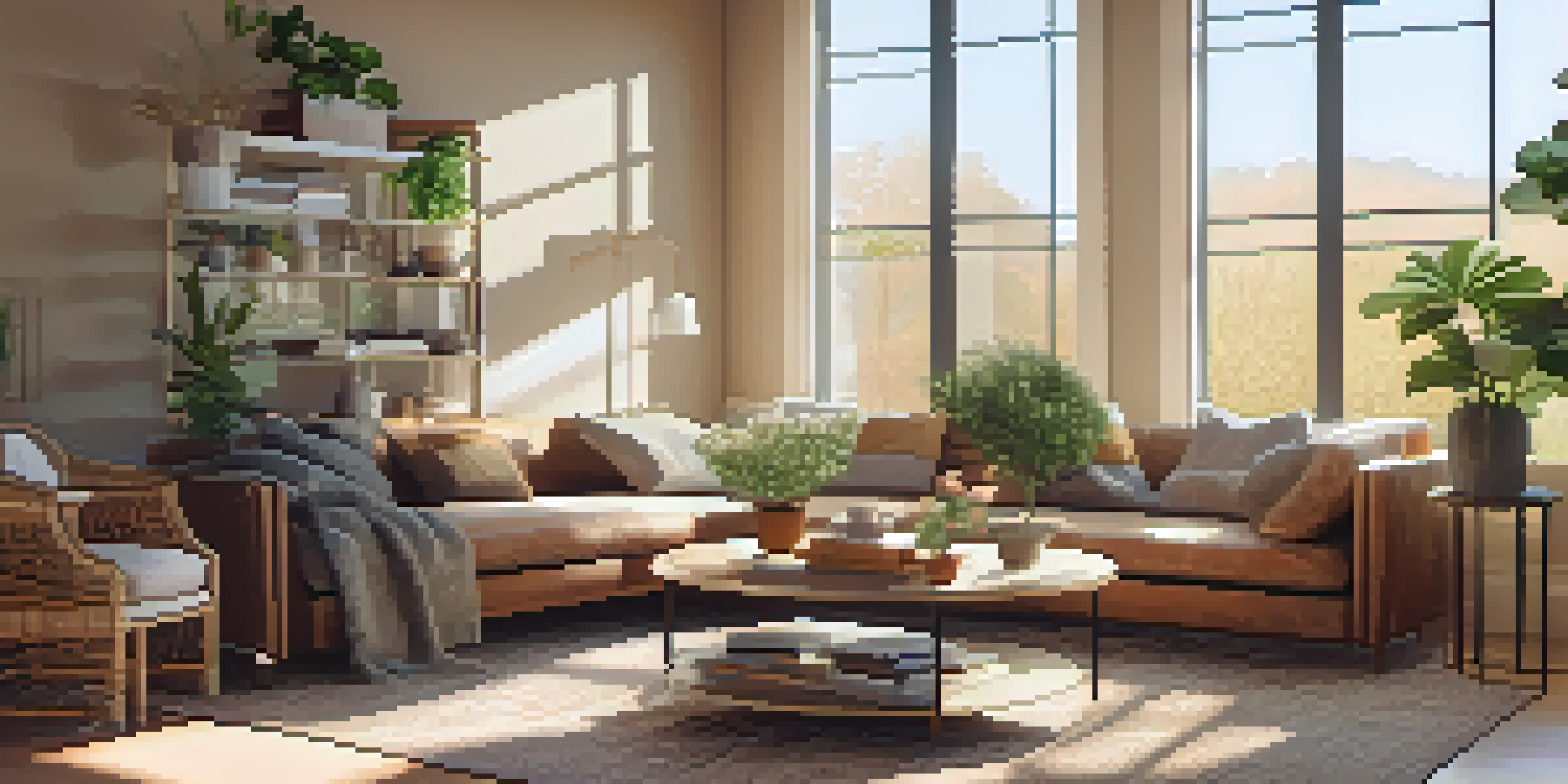 A warm and inviting living room with a modern sofa, coffee table, and sunlight streaming through windows.