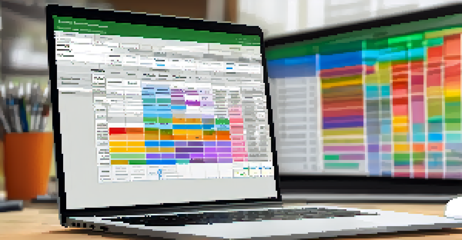 A laptop displaying a colorful renovation budget spreadsheet, with a construction site in the background.