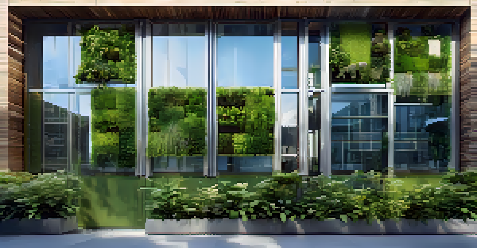 Close-up of a sustainable green building with solar panels and vertical gardens under a clear blue sky, showcasing modern architecture.
