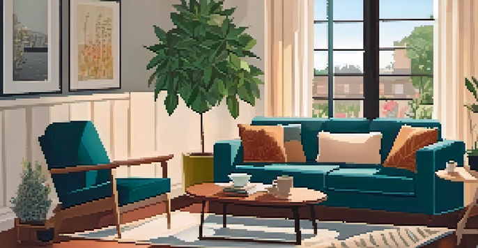 A cozy living room with warm lighting, a comfortable sofa, books on a coffee table, and a family portrait on the wall.