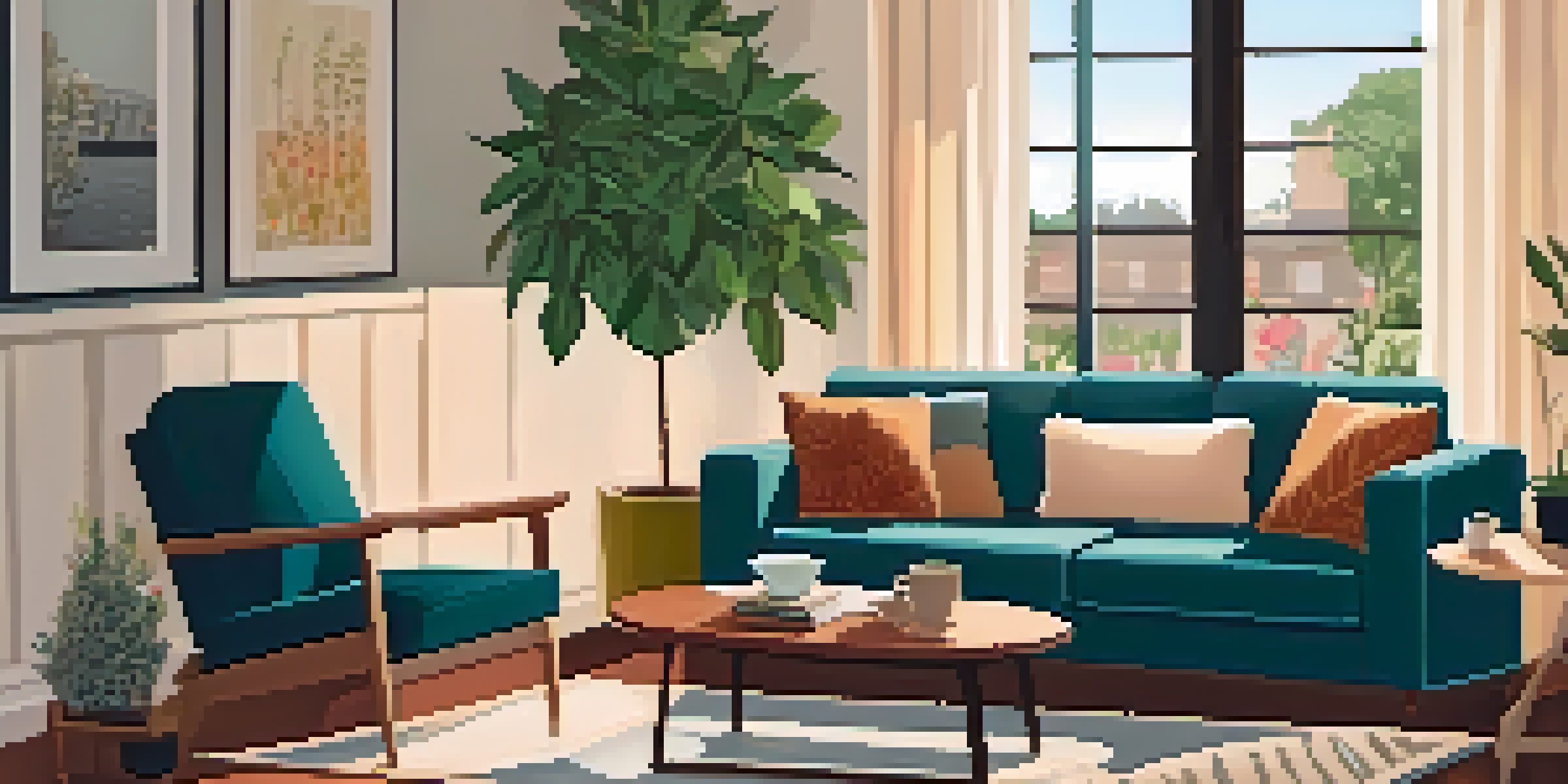 A cozy living room with warm lighting, a comfortable sofa, books on a coffee table, and a family portrait on the wall.