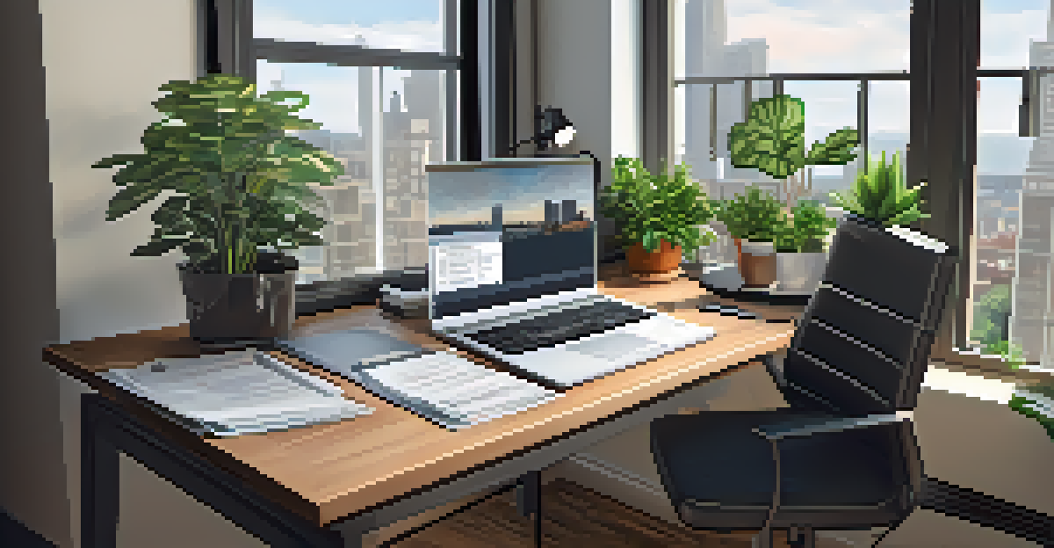 A home office with a laptop, tax documents, and a view of the city.