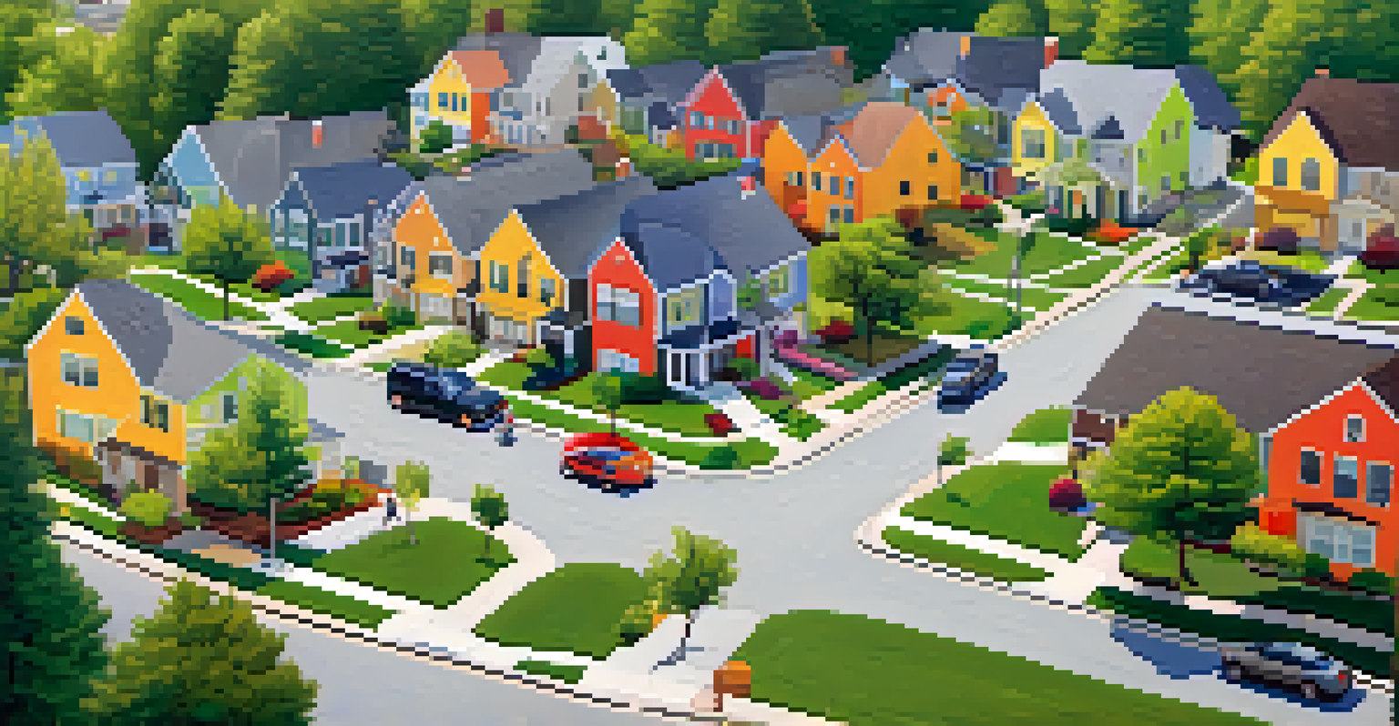 Aerial view of a neighborhood with residents on patrol, promoting community safety.