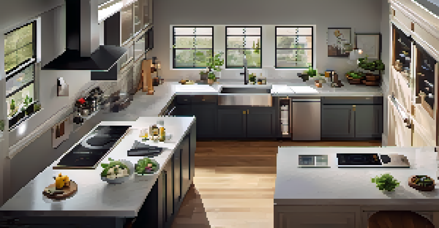 An overhead view of a modern kitchen with integrated smart appliances and a smart home hub system.