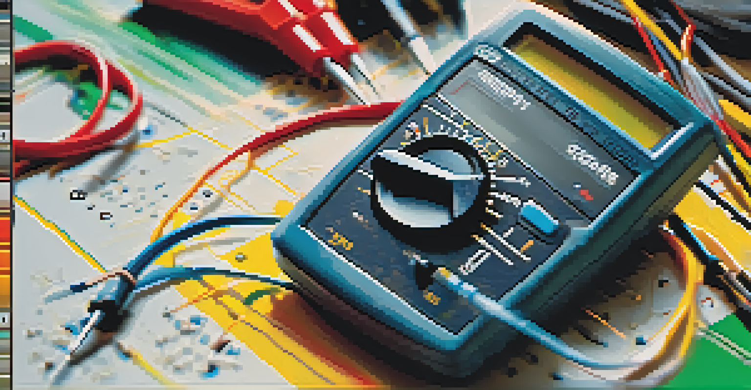 A close-up image of a multimeter measuring voltage, with a hand holding probes against a circuit, showcasing a digital display with clear readings.