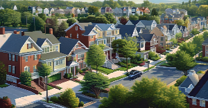 A suburban neighborhood showcasing a blend of residential and commercial buildings with zoning signs, surrounded by greenery and illuminated by afternoon sunlight.