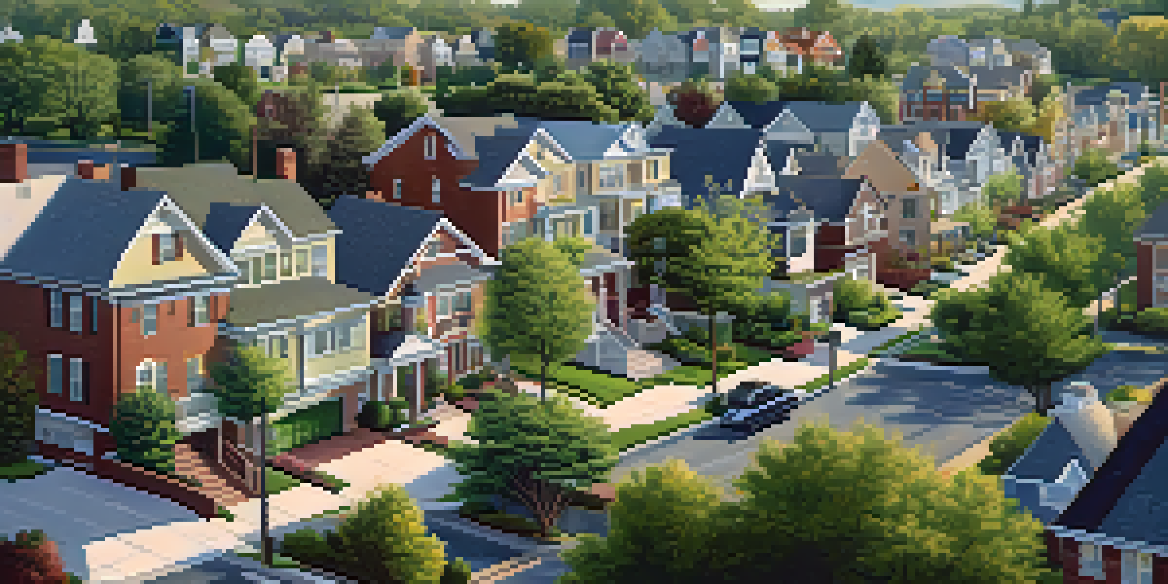 A suburban neighborhood showcasing a blend of residential and commercial buildings with zoning signs, surrounded by greenery and illuminated by afternoon sunlight.