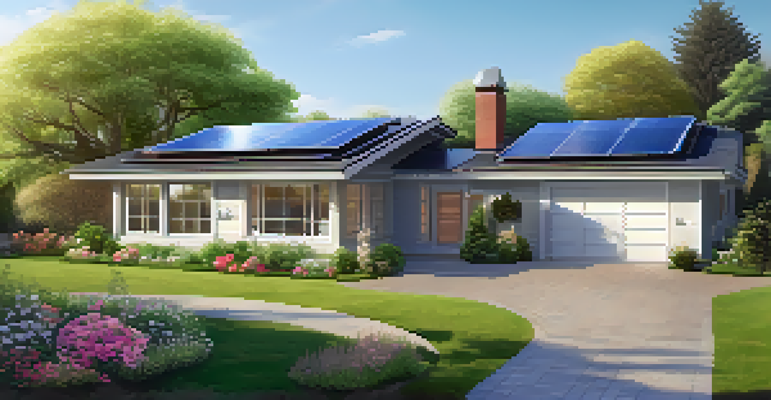 A modern home with solar panels, well-maintained insulation, and energy-efficient windows surrounded by a beautiful garden.