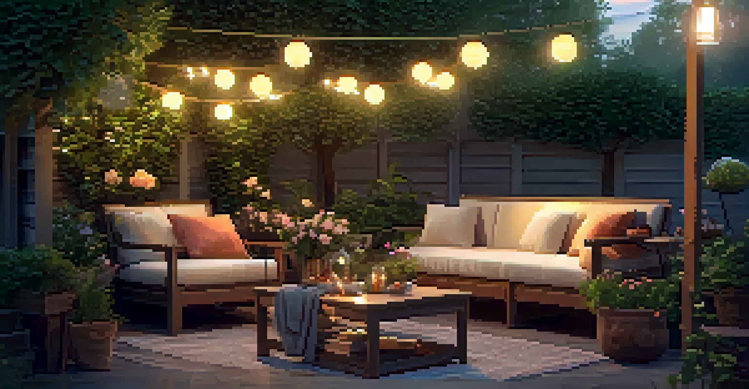 A tranquil summer evening garden with a cozy seating area, blooming plants, and lanterns glowing softly as the sun sets.
