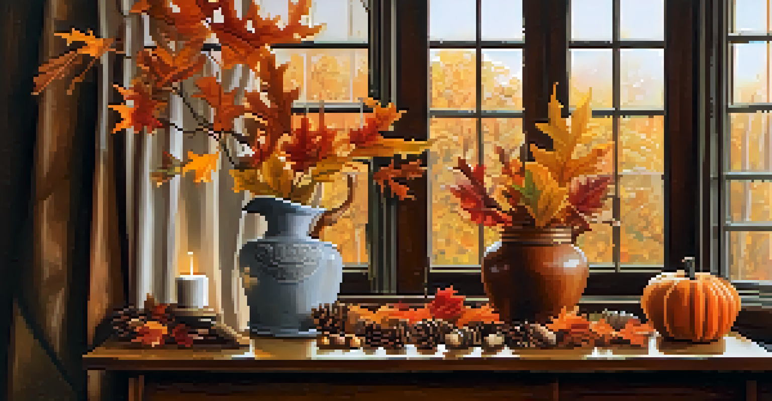 A cozy indoor scene with upcycled furniture in autumn colors, decorated with seasonal items and illuminated by soft light.