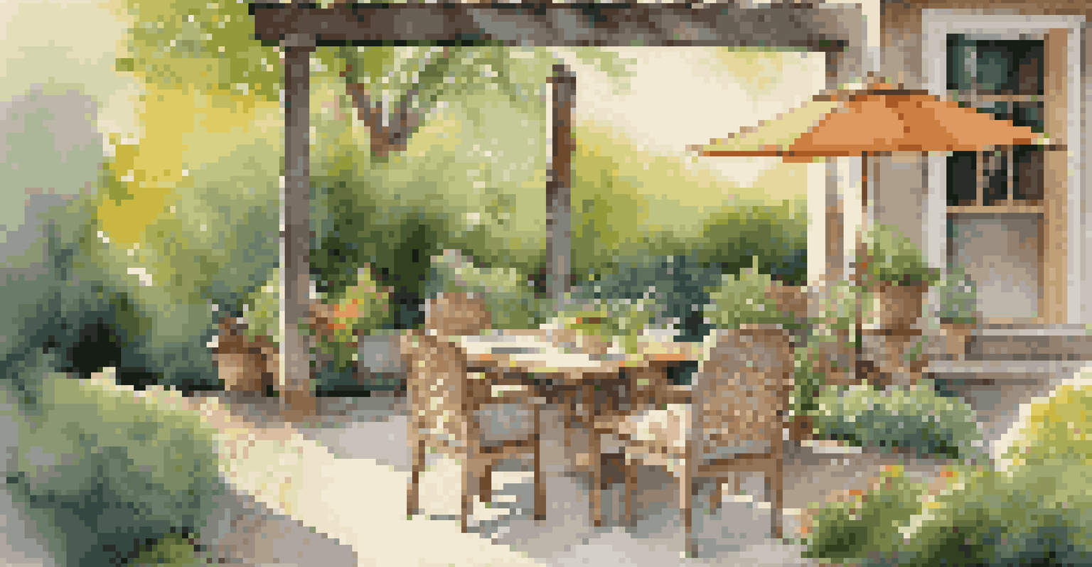 A gravel path leading to a patio surrounded by greenery, with a wooden table set for dining, all in the golden light of evening.