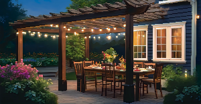 A beautifully lit backyard with string lights above a dining table, surrounded by plants and flowers, under a deep blue evening sky.