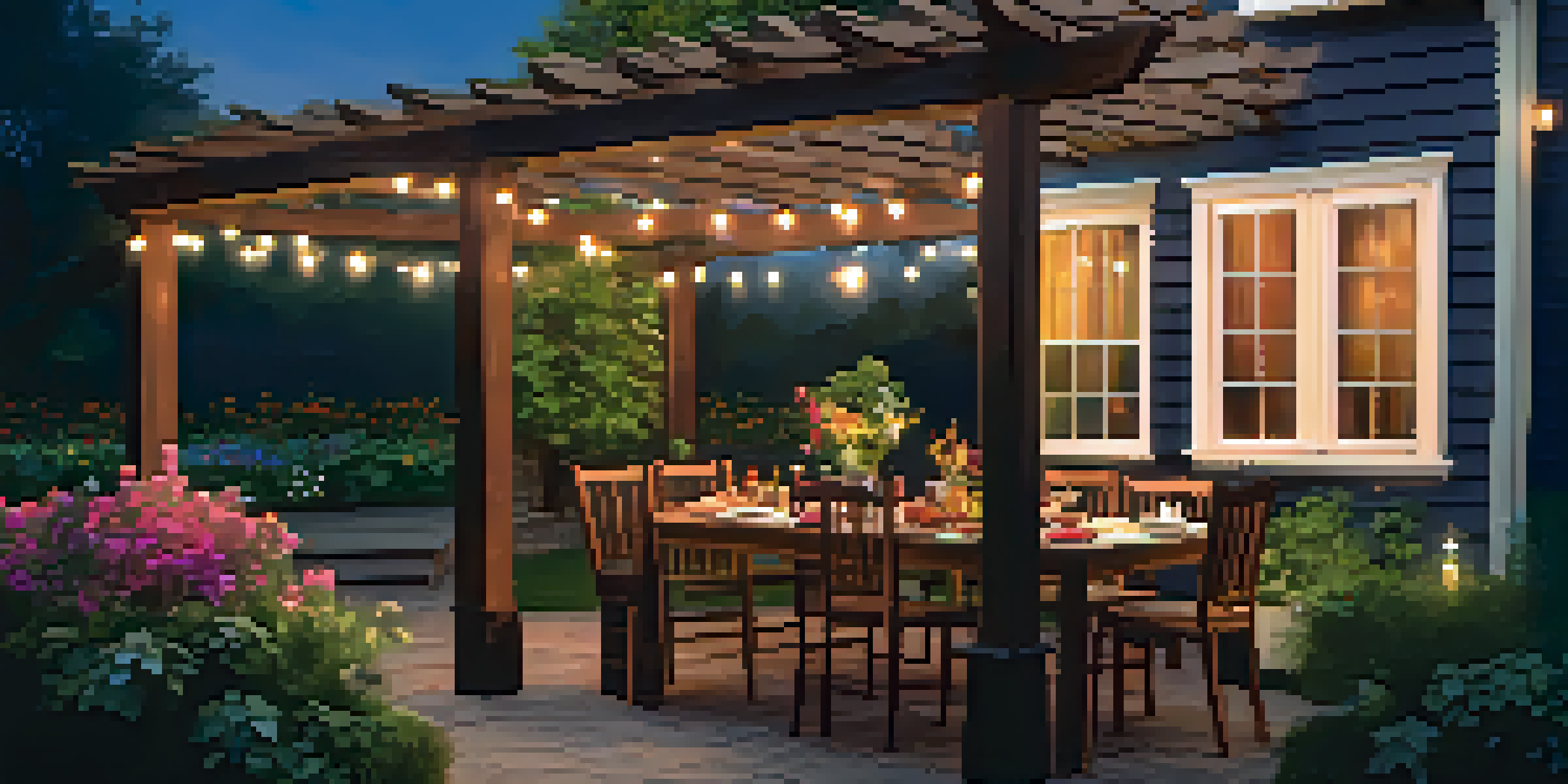 A beautifully lit backyard with string lights above a dining table, surrounded by plants and flowers, under a deep blue evening sky.