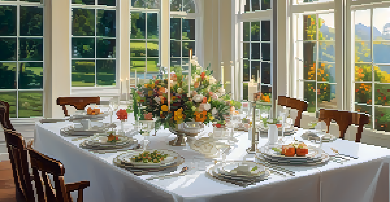 A beautifully arranged dining table with flowers and candles, set for a festive meal.