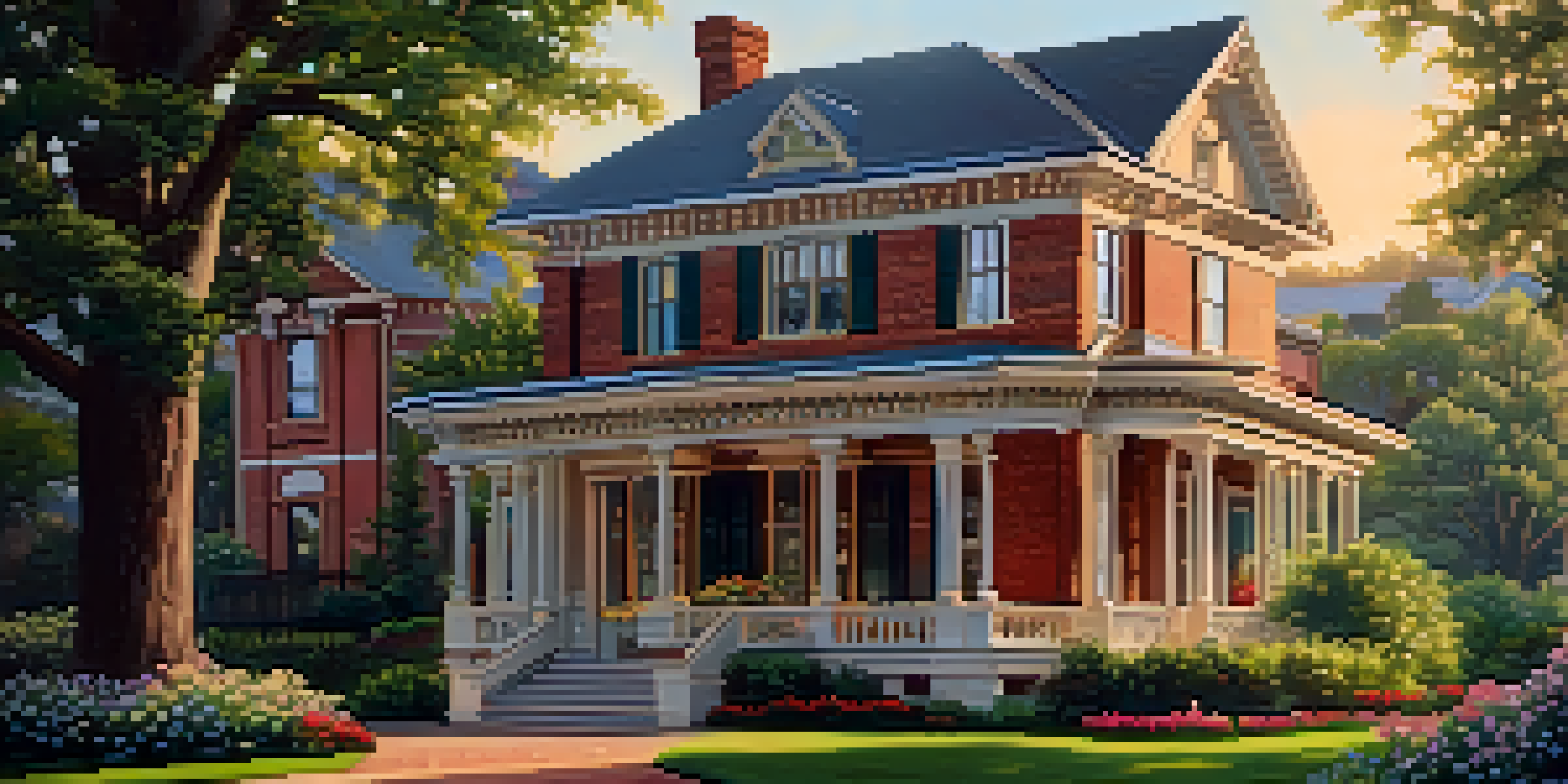 A restored historic home with ornate woodwork and vintage windows, surrounded by a lush garden under warm sunlight.
