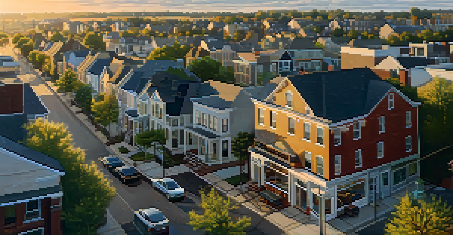 An aerial view of a neighborhood showing old homes alongside new buildings, illustrating gentrification.