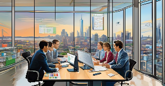 A group of diverse investors analyzing market data at a table in a bright, modern office with a city view.