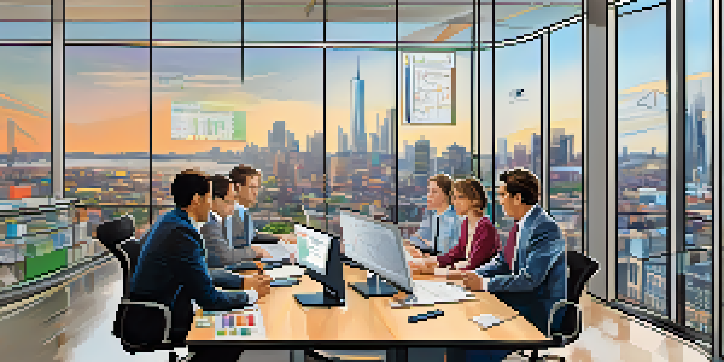 A group of diverse investors analyzing market data at a table in a bright, modern office with a city view.
