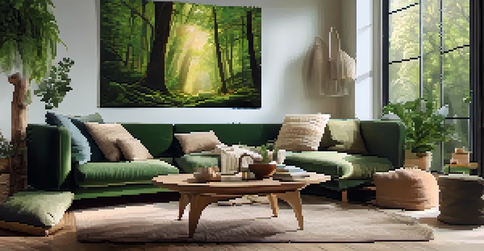 A cozy living room with a large forest tapestry above a sofa, illuminated by warm sunlight.