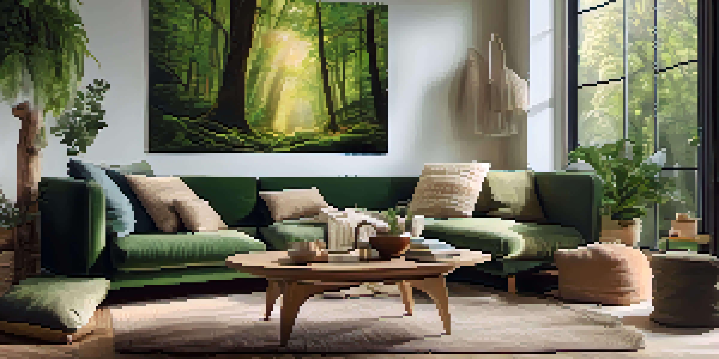 A cozy living room with a large forest tapestry above a sofa, illuminated by warm sunlight.