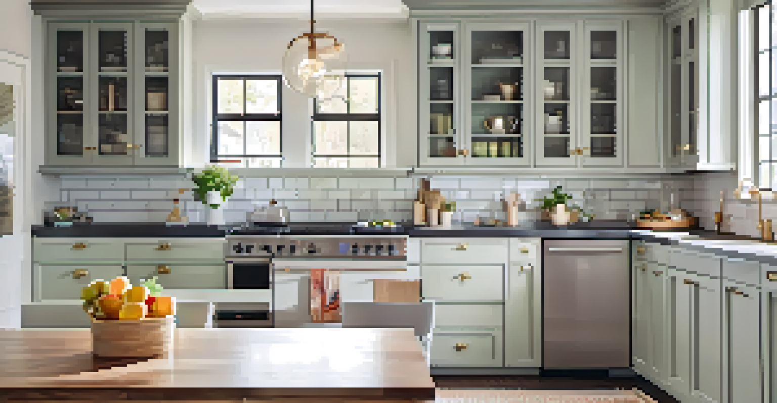 A warm and inviting kitchen with pastel-colored cabinets, modern hardware, energy-efficient appliances, and a stylish subway tile backsplash.