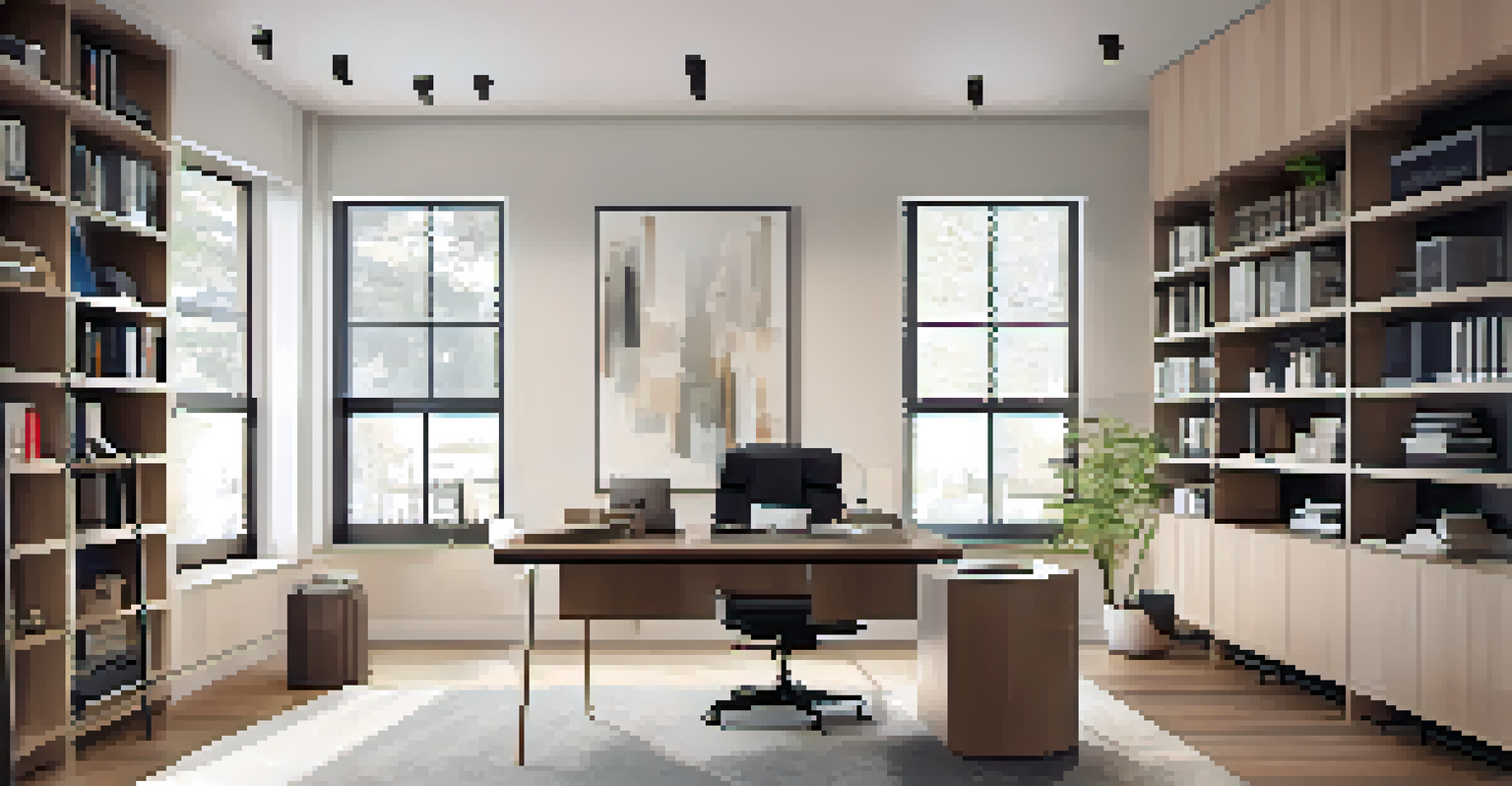 A modern home office with tall bookshelves, wall-mounted storage, and a desk, filled with natural light and designed to maximize vertical space.