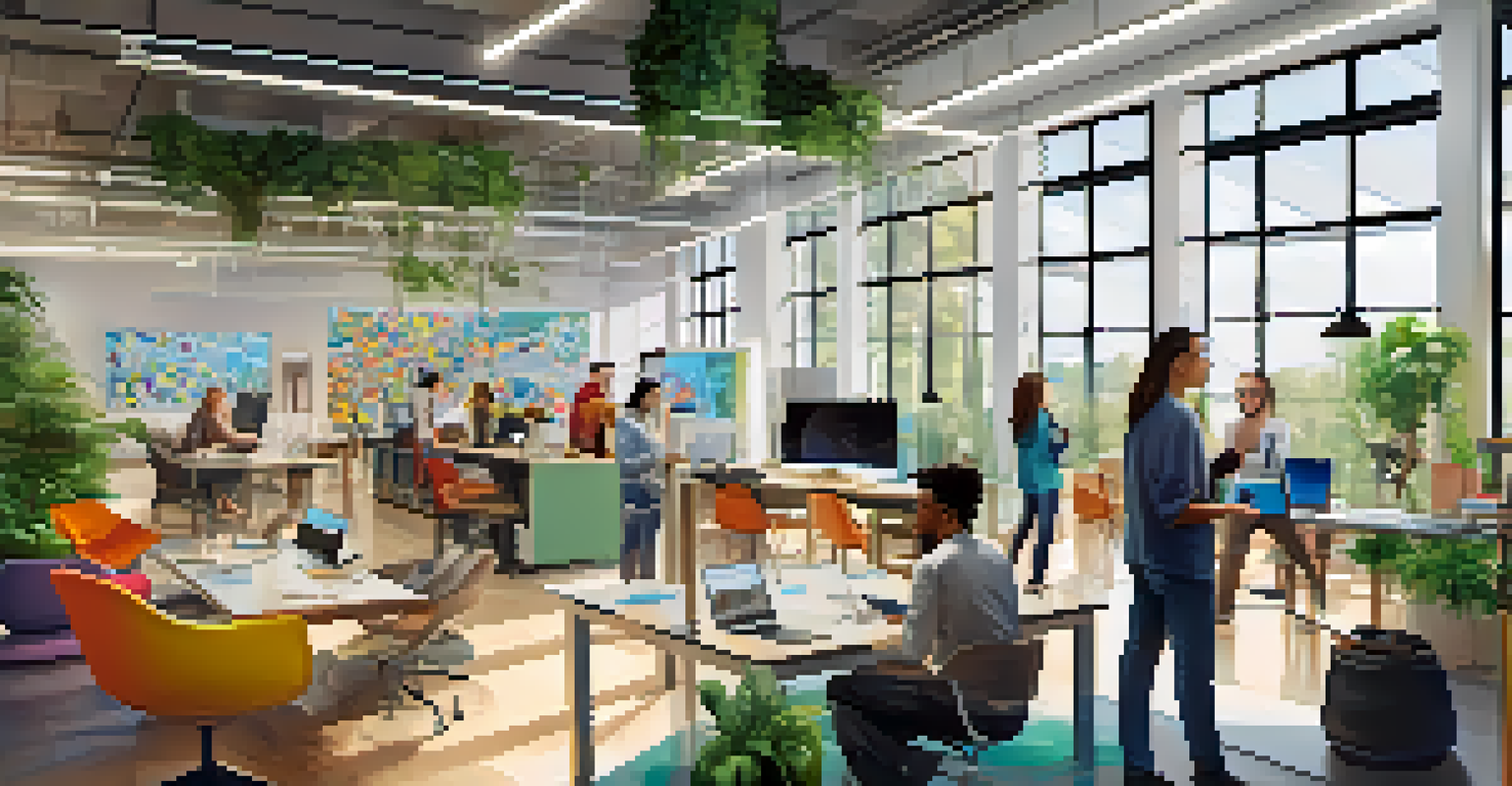 A modern tech workspace with gadgets, collaborative areas, and professionals discussing in a bright environment.