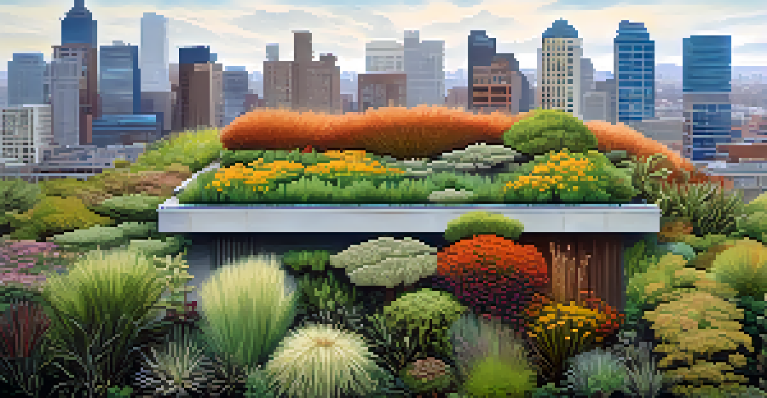 An extensive green roof with drought-resistant plants, set against a city skyline, highlighting the contrast between nature and urban architecture.