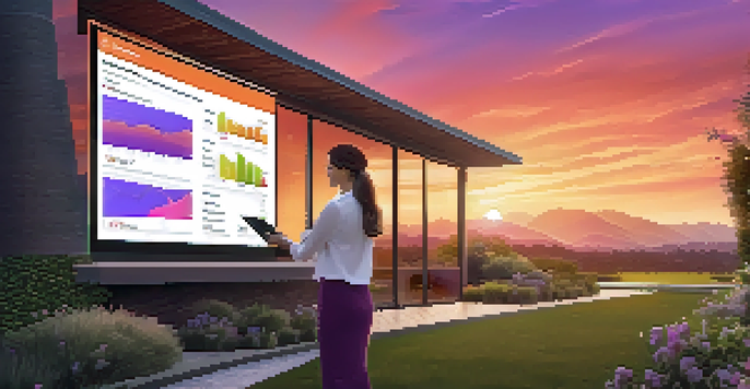 A real estate agent using a tablet in front of a modern house during sunset, with vibrant colors in the sky and greenery in the foreground.
