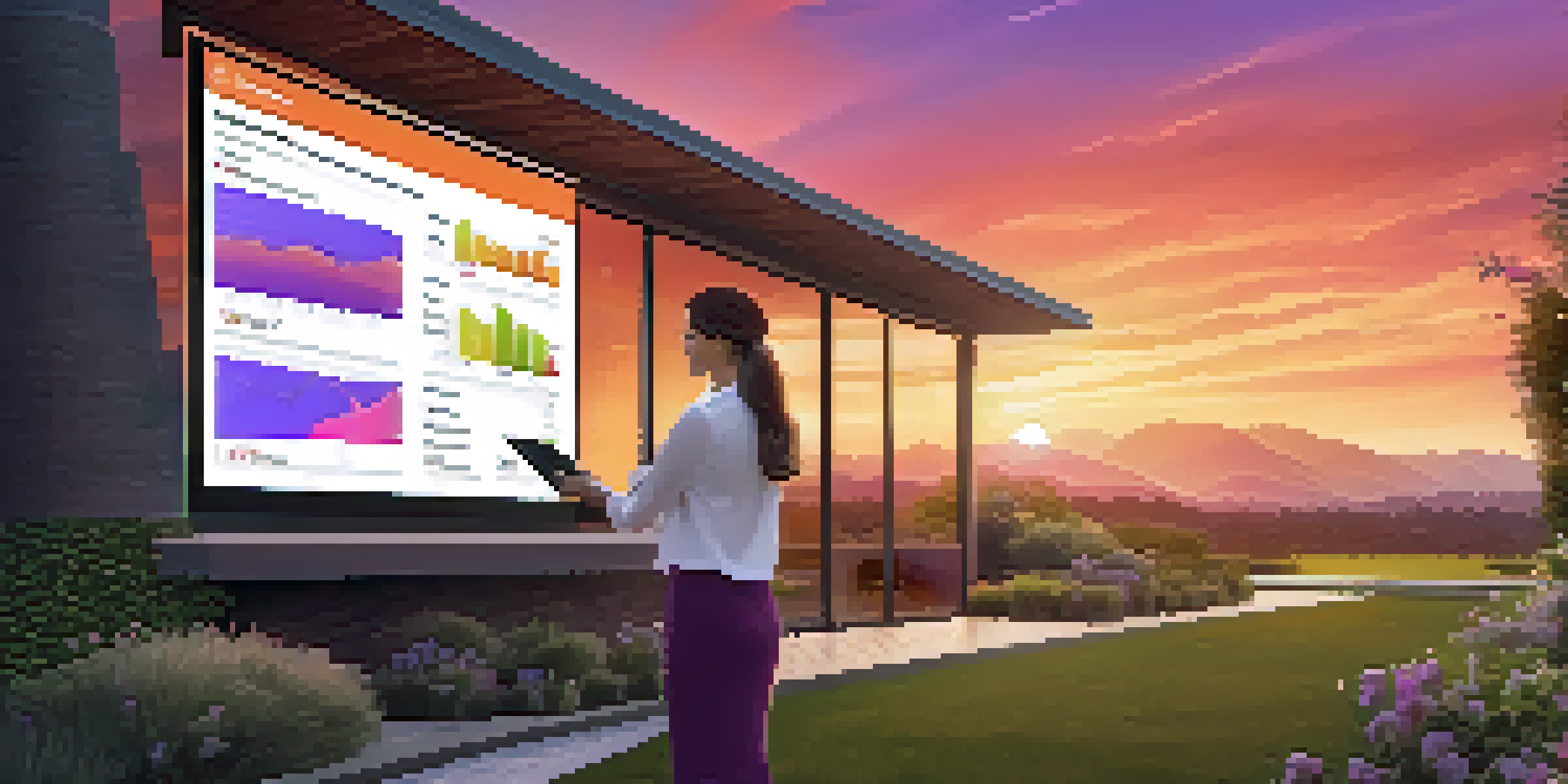 A real estate agent using a tablet in front of a modern house during sunset, with vibrant colors in the sky and greenery in the foreground.