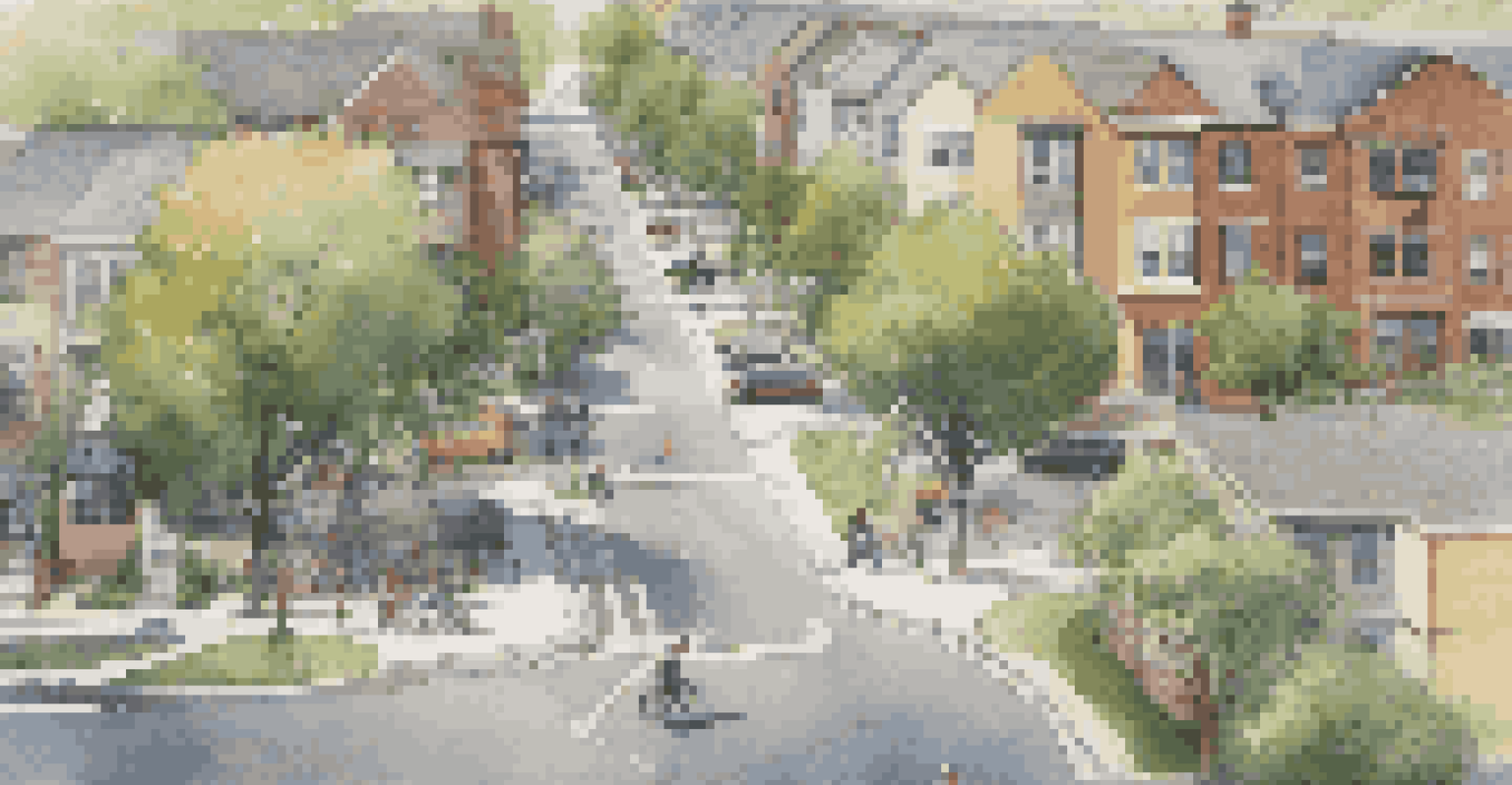 An aerial perspective of a neighborhood with clear transportation options, including public transport, bike lanes, and sidewalks.