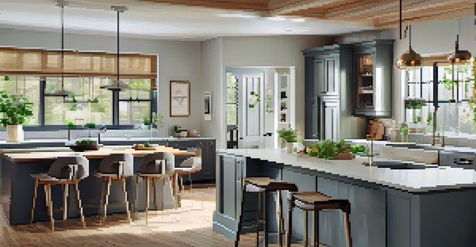 A modern kitchen with natural light, featuring sleek cabinets, an island, and a dining area.