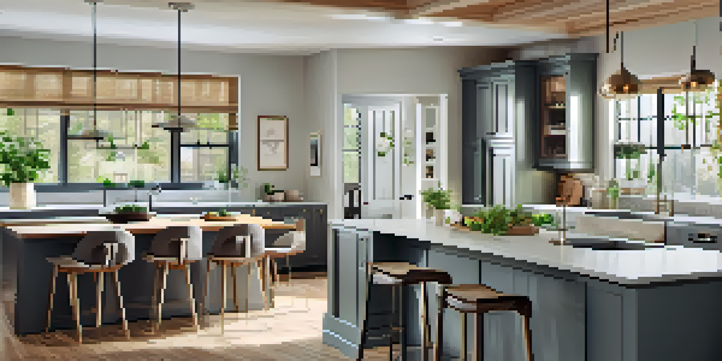 A modern kitchen with natural light, featuring sleek cabinets, an island, and a dining area.