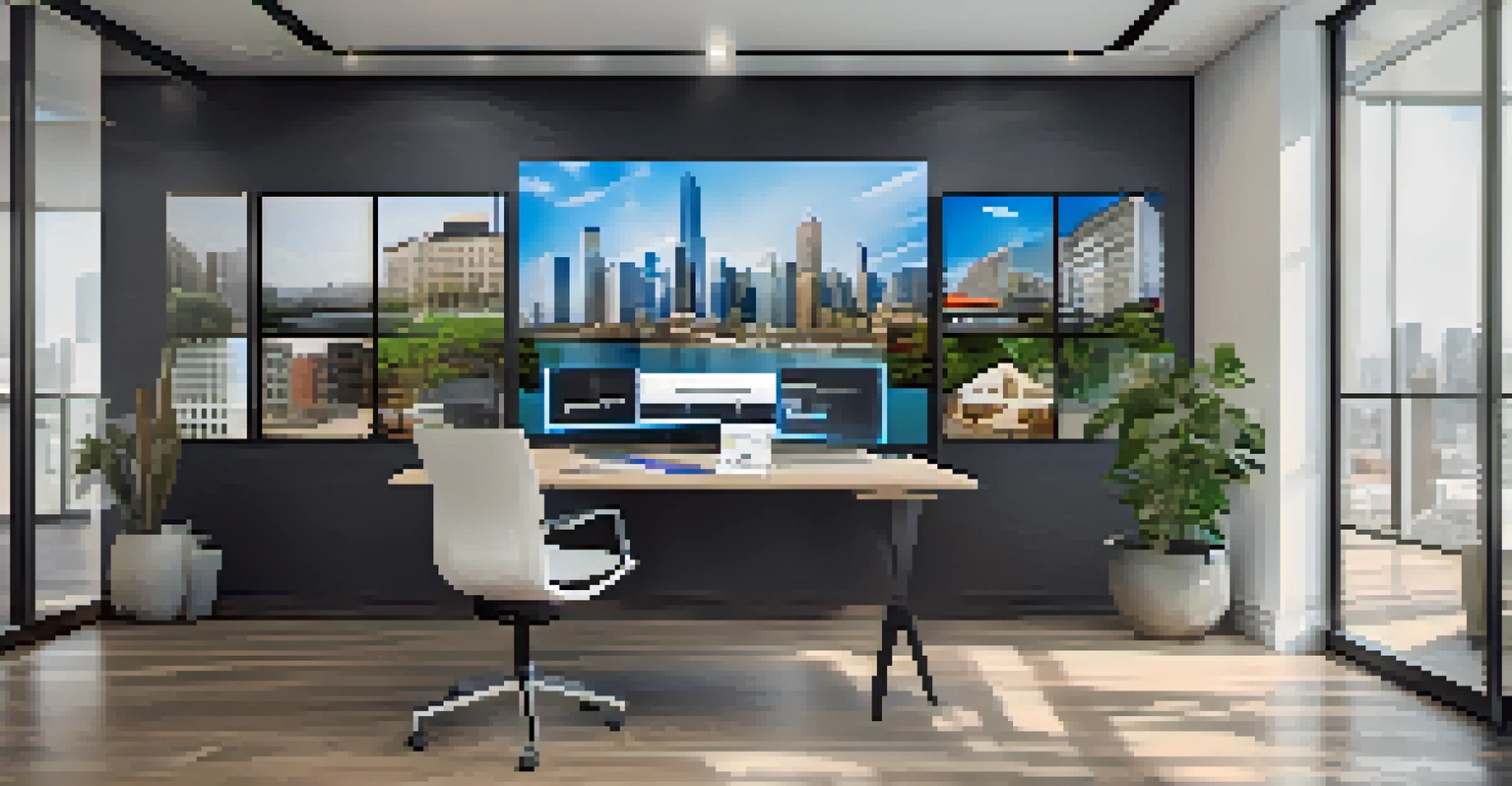 A person wearing a VR headset in an office, engaging with virtual property listings through a digital interface.