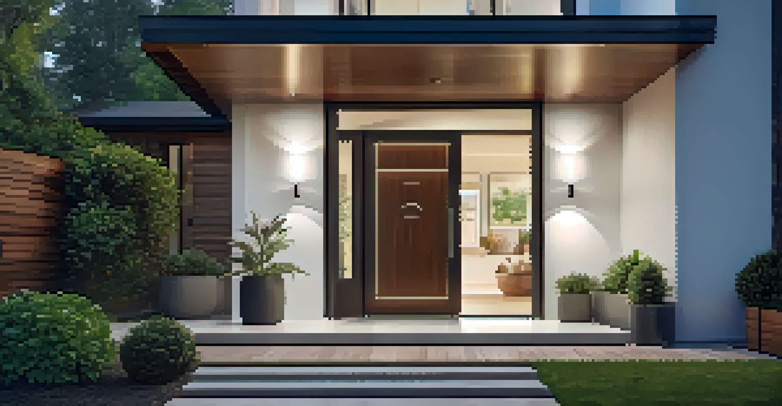 A contemporary home entrance showcasing a smart doorbell next to a wooden door, surrounded by plants and soft lighting.