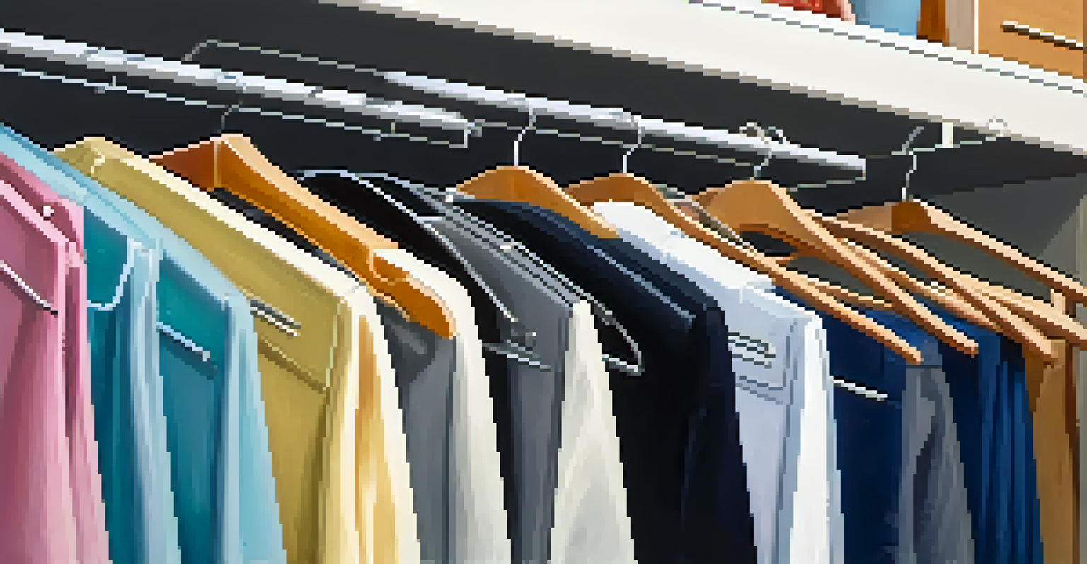 A close-up view of multi-use hangers in a closet with neatly arranged skirts and pants.