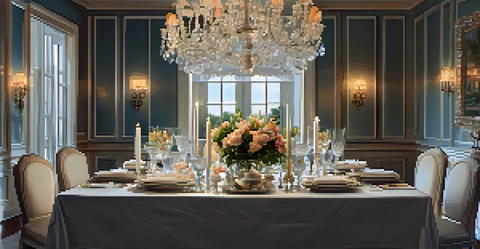 A beautifully set dining table with fine china and candlelight, creating a romantic ambiance.