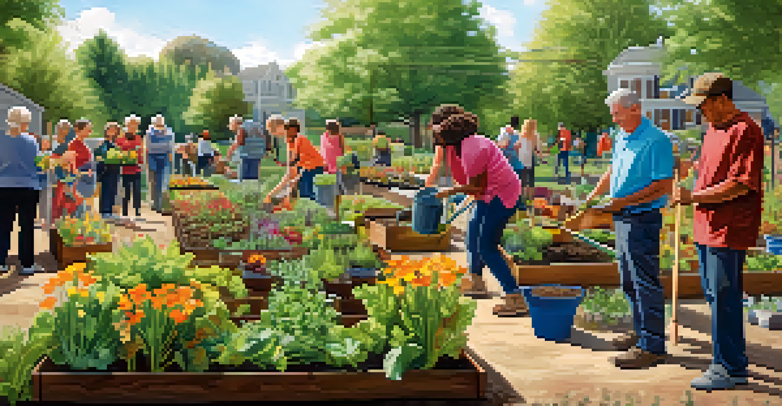 Residents of a community engaged in gardening activities, planting flowers and vegetables in a shared garden space.