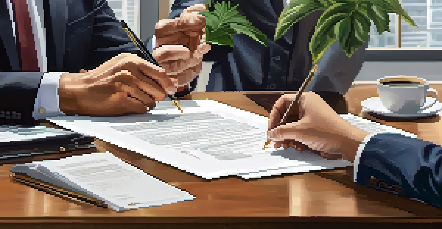 Hands of diverse individuals signing an investment agreement in a modern office, with a coffee cup and plant on the table.
