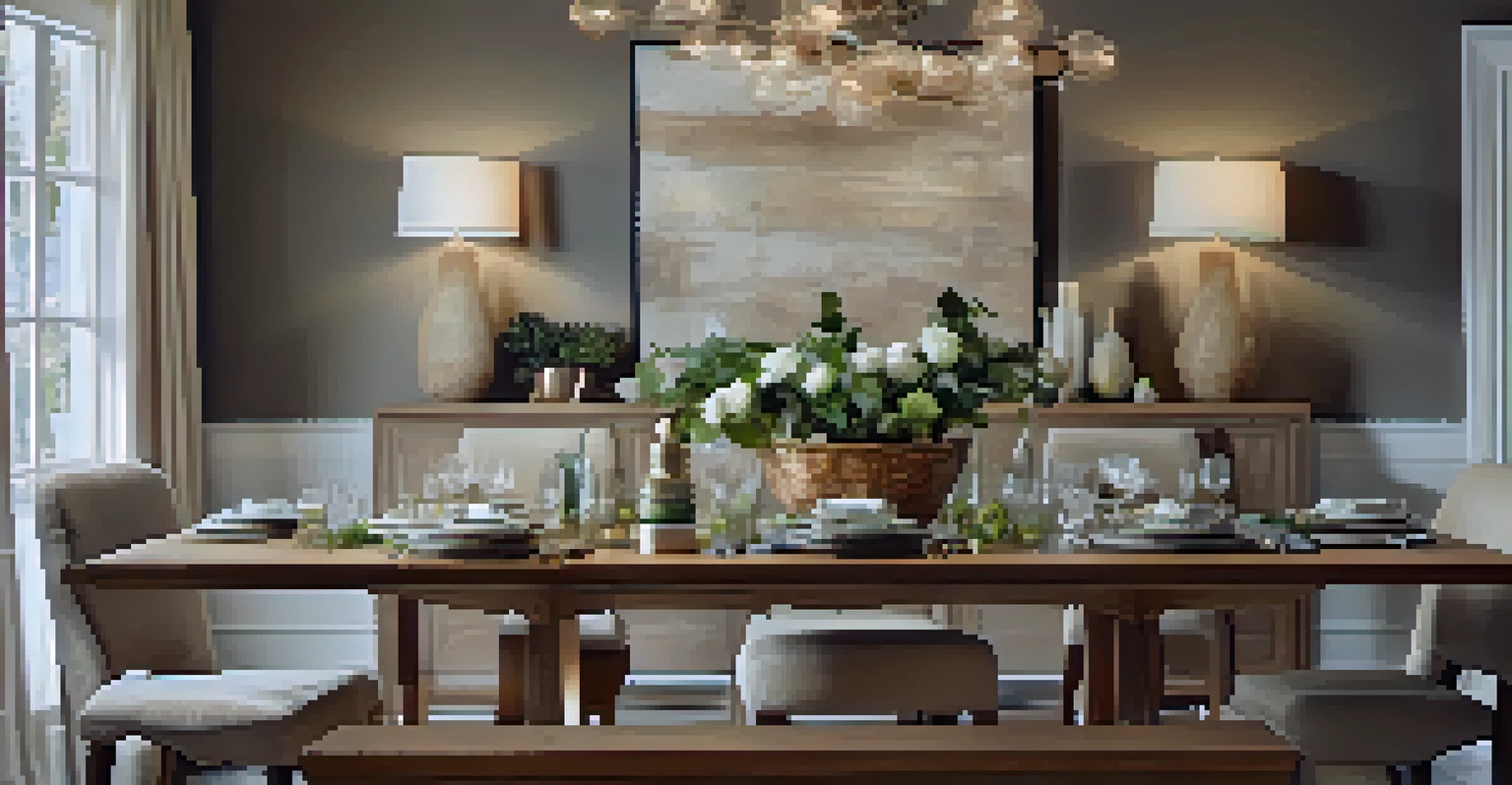 An elegant dining area with an oak table, upholstered chairs, and soft lighting creating a warm atmosphere.