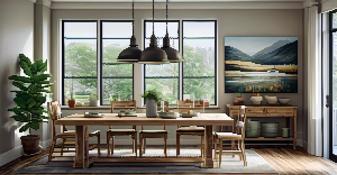 A warm and inviting interior space with reclaimed wood flooring, large windows, and a rustic dining table surrounded by handmade chairs, decorated with local art and plants.