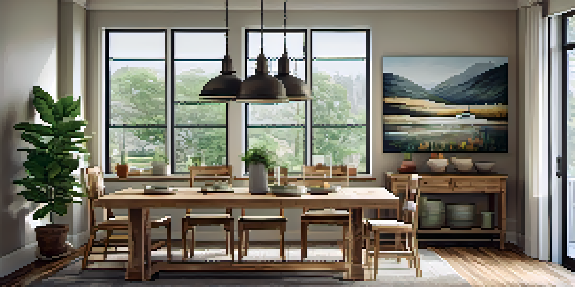 A warm and inviting interior space with reclaimed wood flooring, large windows, and a rustic dining table surrounded by handmade chairs, decorated with local art and plants.