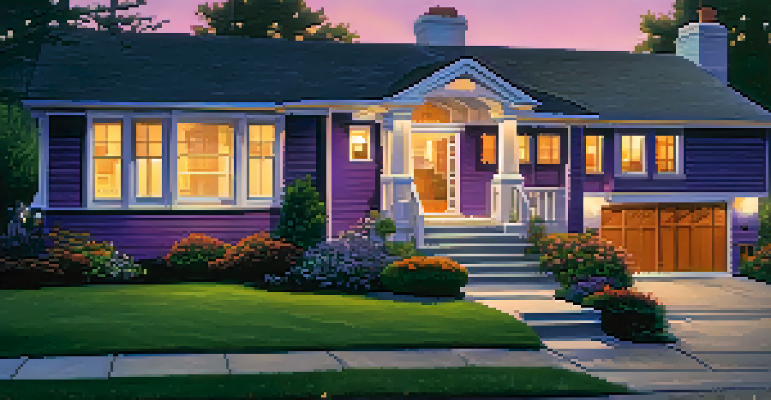 A suburban home at dusk with outdoor security features like motion lights and a front door camera, surrounded by a peaceful garden.