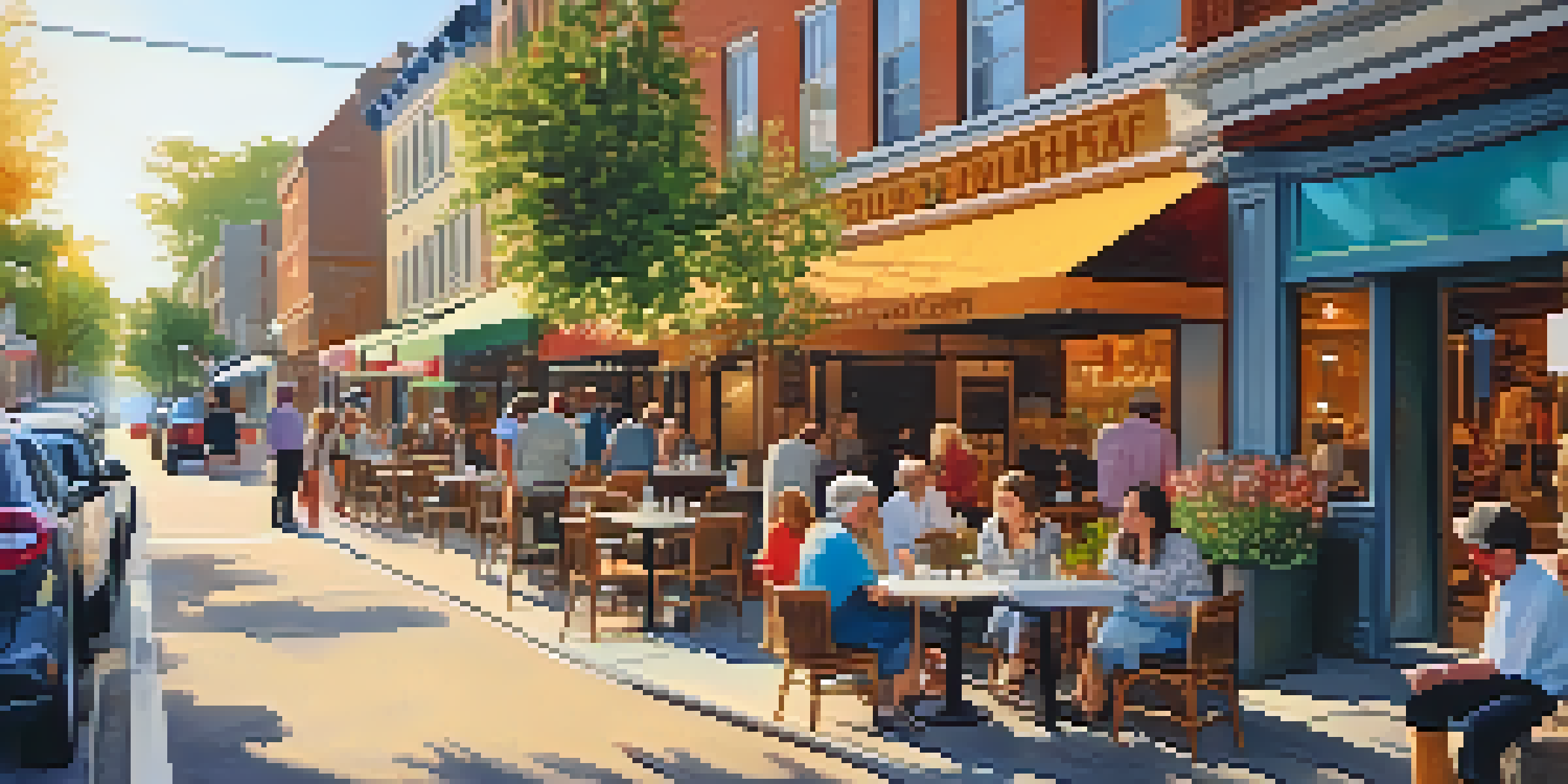 A lively street scene with a café and people enjoying coffee, surrounded by colorful flowers and artisan shops.