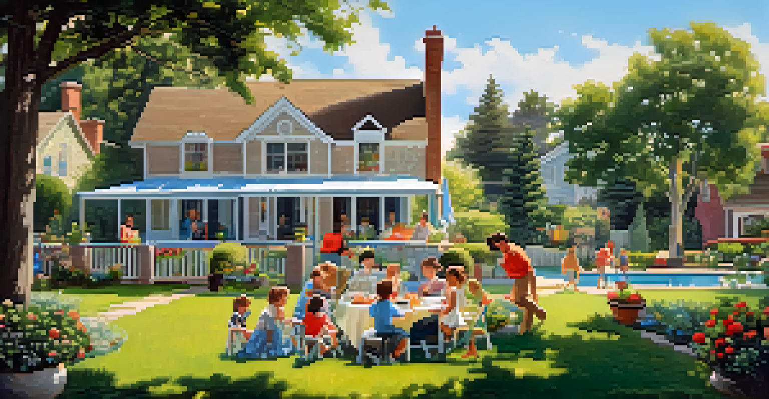 A vibrant backyard during an open house with children playing and a barbecue setup, highlighting a charming home in the background.