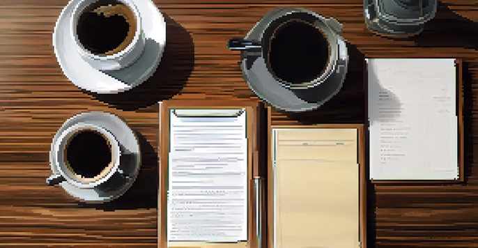 An overhead view of a negotiation table with coffee cups, a notepad, and documents, illuminated by natural light.