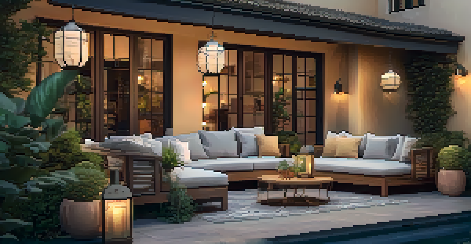A cozy outdoor patio with warm ambient lighting, comfortable seating, and decorative lanterns surrounded by plants.